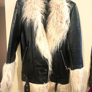 Faux black patent and faux fur motor jacket.